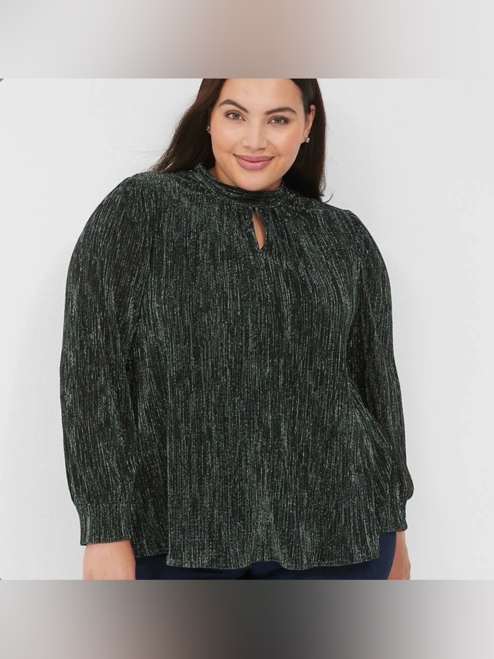 Lane‎ Bryant Swing Top Plus-Size Metallic Green Keyhole Mock Neck Blouse 22/24